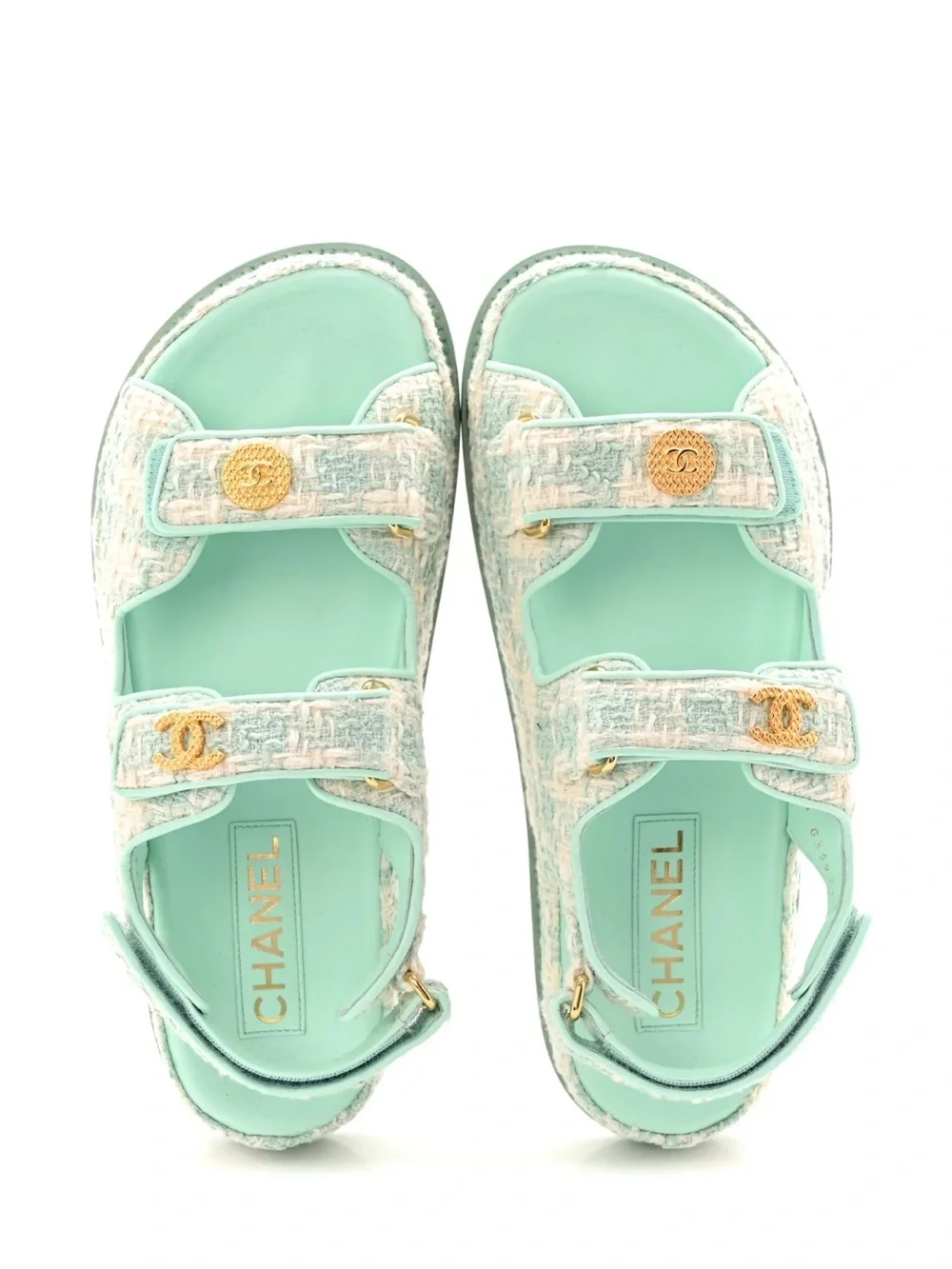 CHANEL Mint Green Tweed Slide Sandals with Gold CC Medallions